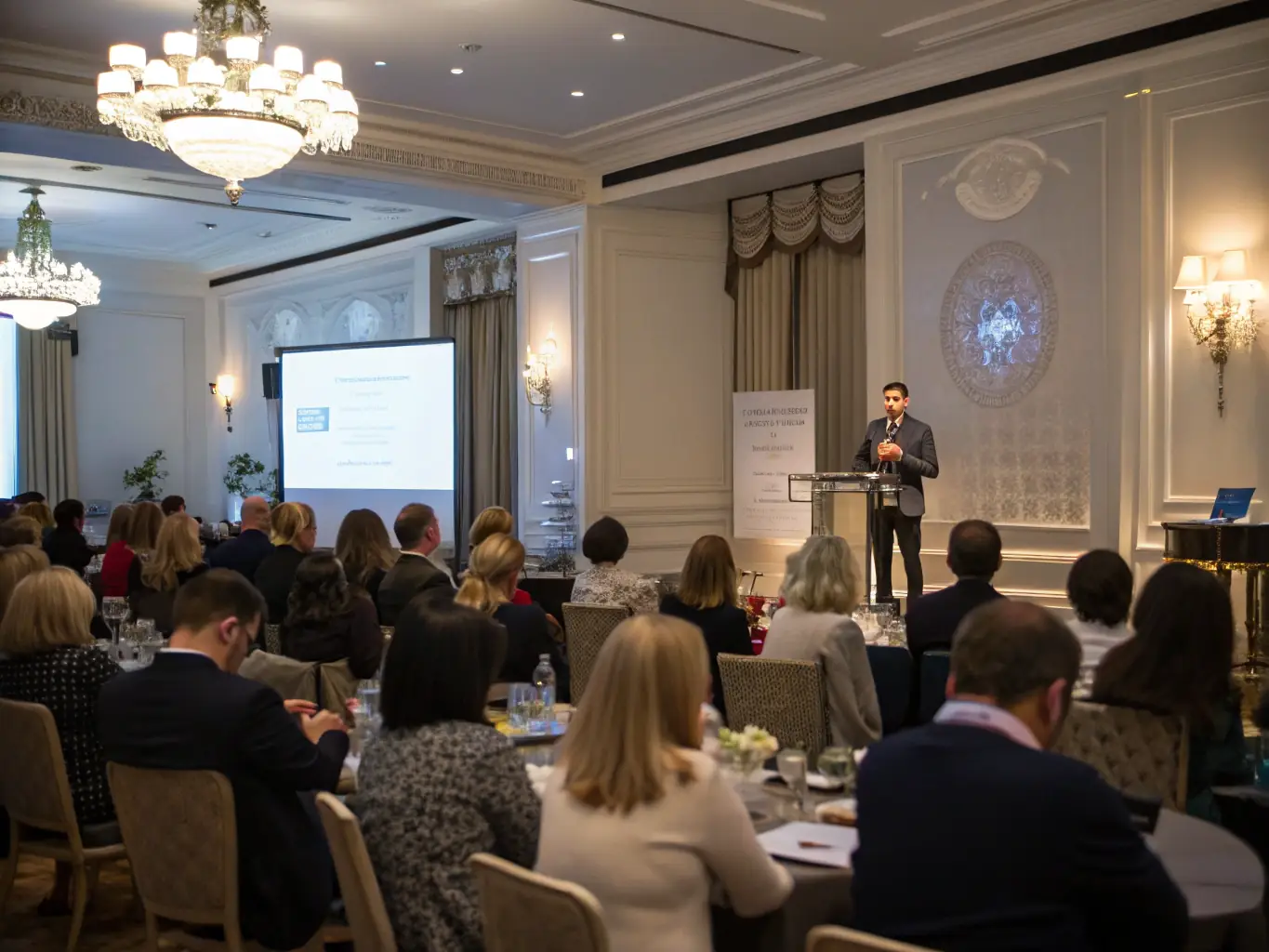 A photograph of a conference room during a keynote speech, with attendees listening attentively and taking notes, capturing the energy and engagement of the event.