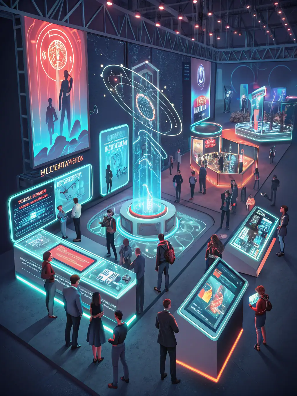 A visually appealing display of innovative digital solutions and technologies showcased at the Digital Transformation Summit's exhibition area.