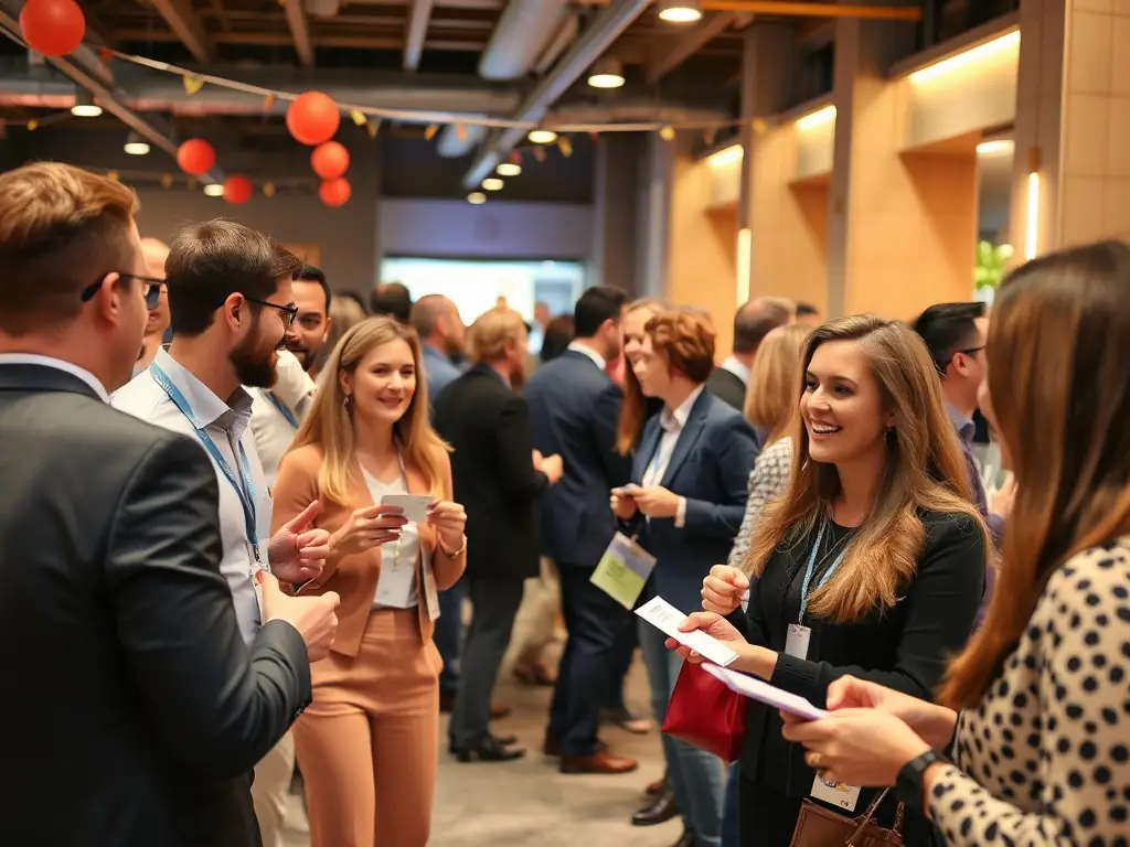 A photograph of a networking event at the summit, with attendees mingling and exchanging business cards, emphasizing the opportunities for connection and collaboration.