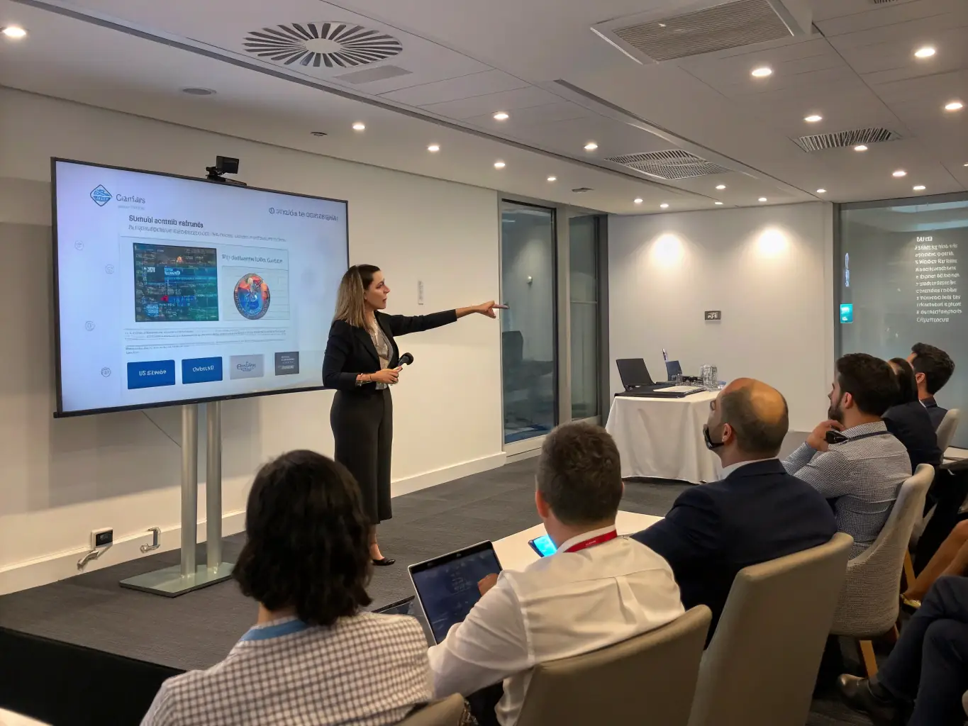 A dynamic image of Sarah Chen, a cybersecurity specialist, presenting a cybersecurity workshop at a digital transformation summit, showcasing her expertise.
